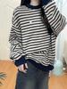 Striped crew neck sweater women's spring and autumn new American retro hatless casual loose lazy long-sleeved top