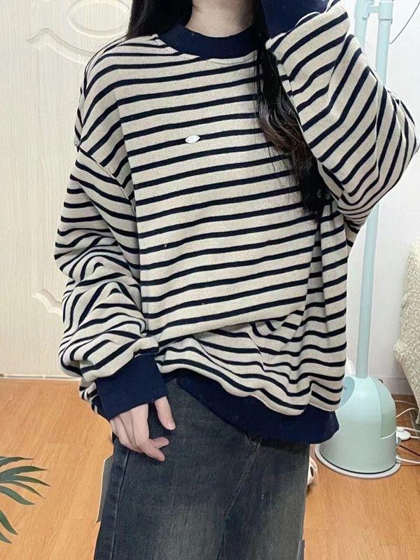 Striped crew neck sweater women's spring and autumn new American retro hatless casual loose lazy long-sleeved top