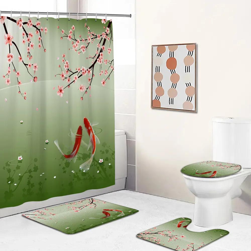 Chinese Style Shower Curtains Lotus Koi Bamboo Chinese Ink Painting Bathroom Curtain Vintage Bath Decorations For Home