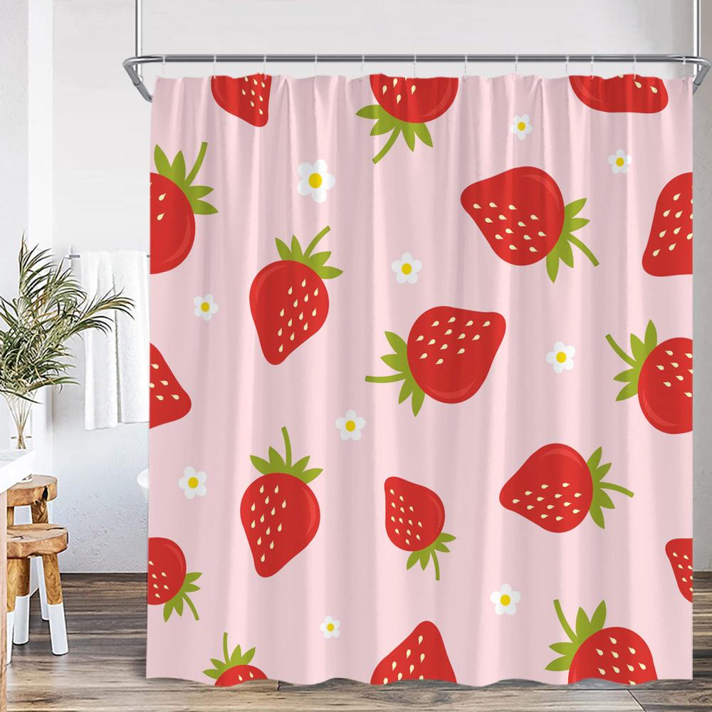 Erdbeer-Mädchen Rosa Duschvorhang Badezimmer Deko Frucht Sommer Kinder Schleifenmuster Schick Modern Frau Polyester Badewannenvorhang