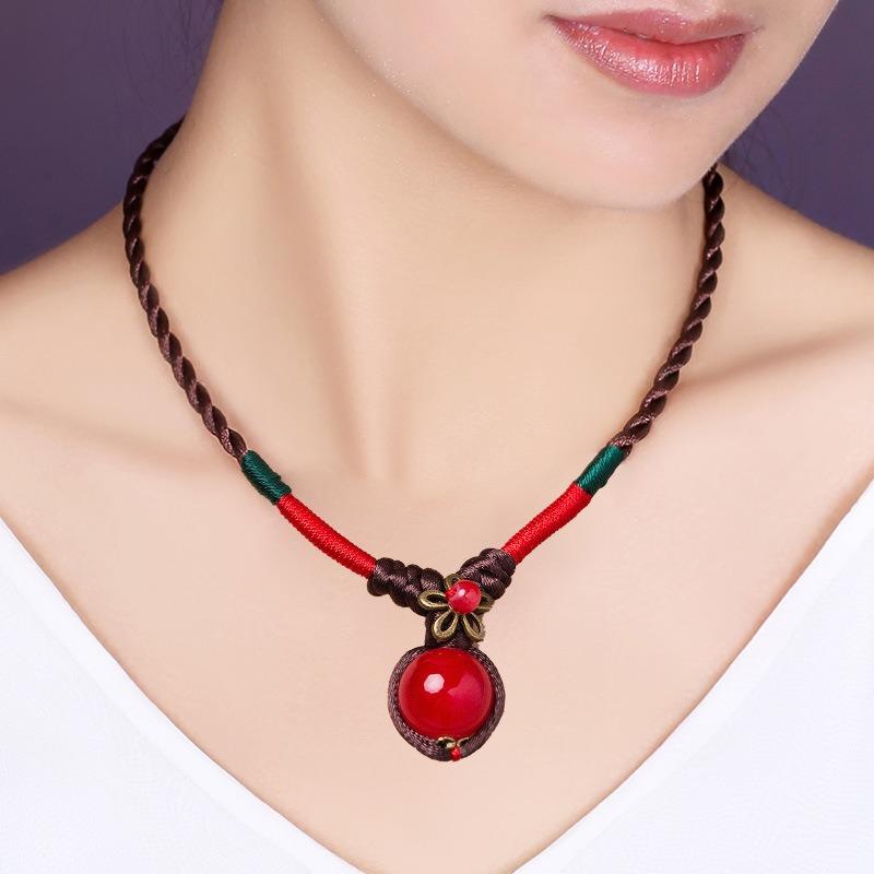 GEMCHIC Women's Vintage Ethnic Red Bean Glass Pendant Necklace Braided Rope Choker Collarbone Chain with Matching Earrings and Bracelet Set