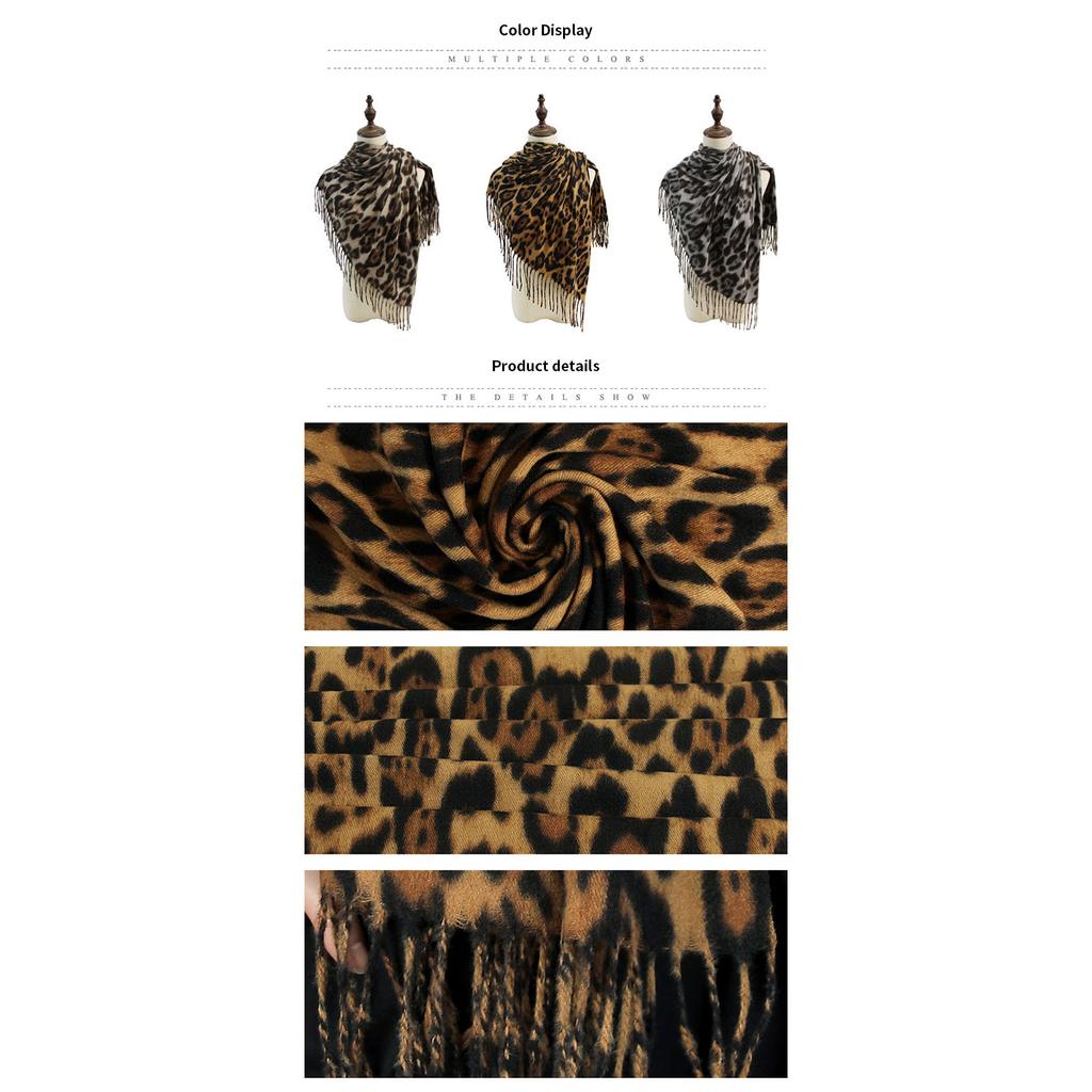 Winter Cashmere Scarf Shawl Women's Fashion Leopard Design Fringe Detailing Warm Cozy Luxurious Soft Wrap