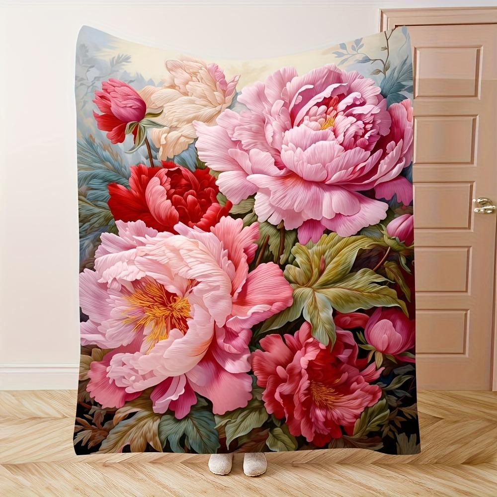 Vintage Peony Flower Flannel Blanket Romantic Floral Print Soft Warm Throw Blanket for Bed Sofa Couch Home Decor Multiple Sizes
