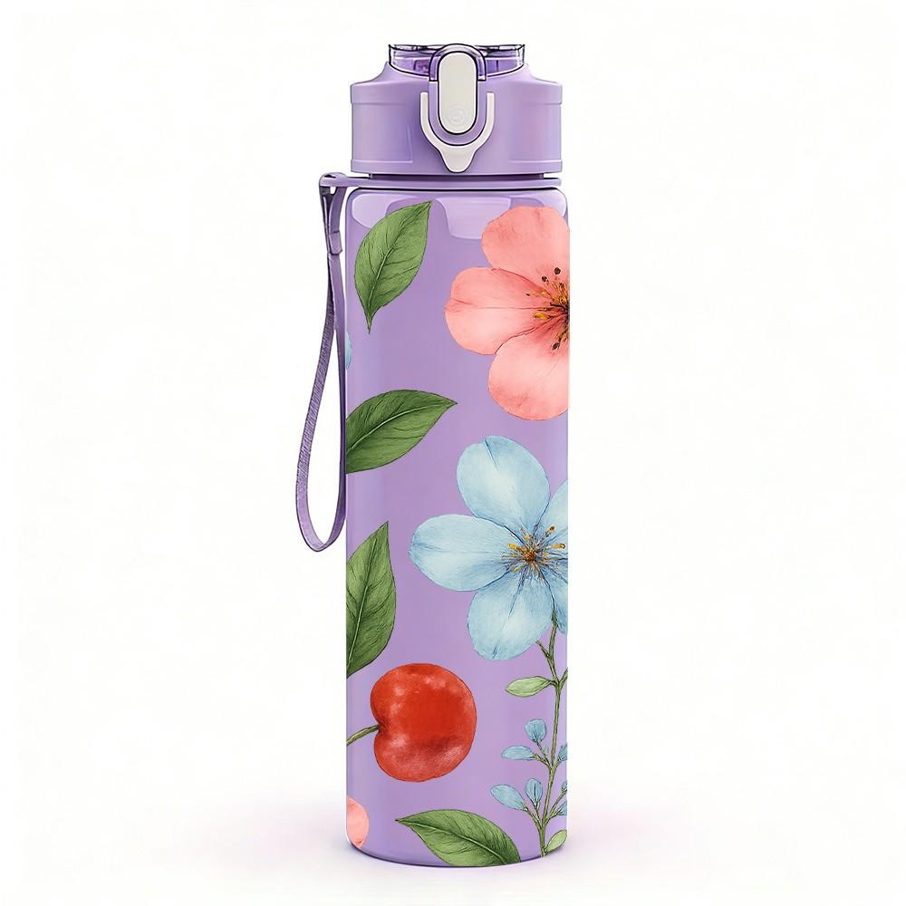 1PC Spring Wild Flower Pattern 750ml Color Plastic Sports Water Bottle Leakproof Flip Straw Lid Suitable for Sports Office Home Use