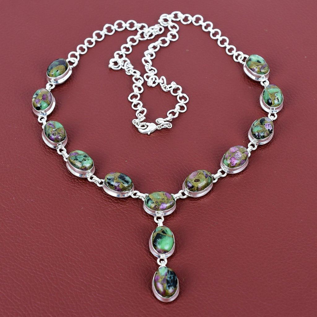 Copper Ruby Zoisite Necklace Gemstone Jewelry 925 Sterling Silver Adjustable Chain Necklace Handmade Necklace Gift for Wife Designer Jewelry