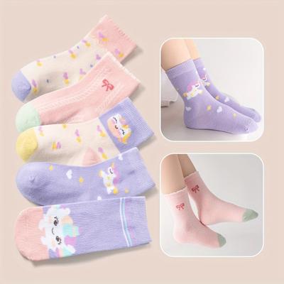 5 Pairs Cute Cartoon Unicorn Pattern Children's Socks for Girls Autumn Winter Bow Mid-Calf Socks for Kids Soft Cotton Socks