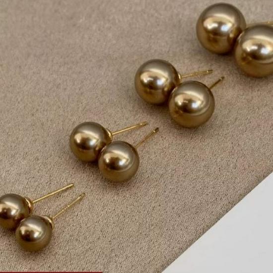 Vintage Champagne Brown Pearl Stud Earrings - 925 Sterling Silver, Sweet & Stylish Design for Women