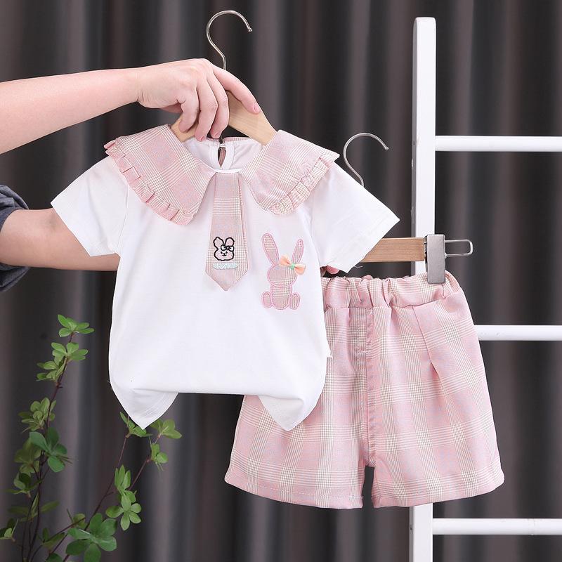 Cute Girls Summer Two Piece Set With Lace Rabbit Bow Tie Short Sleeve Top And Shorts Fashionable Toddler Outfit 80cm