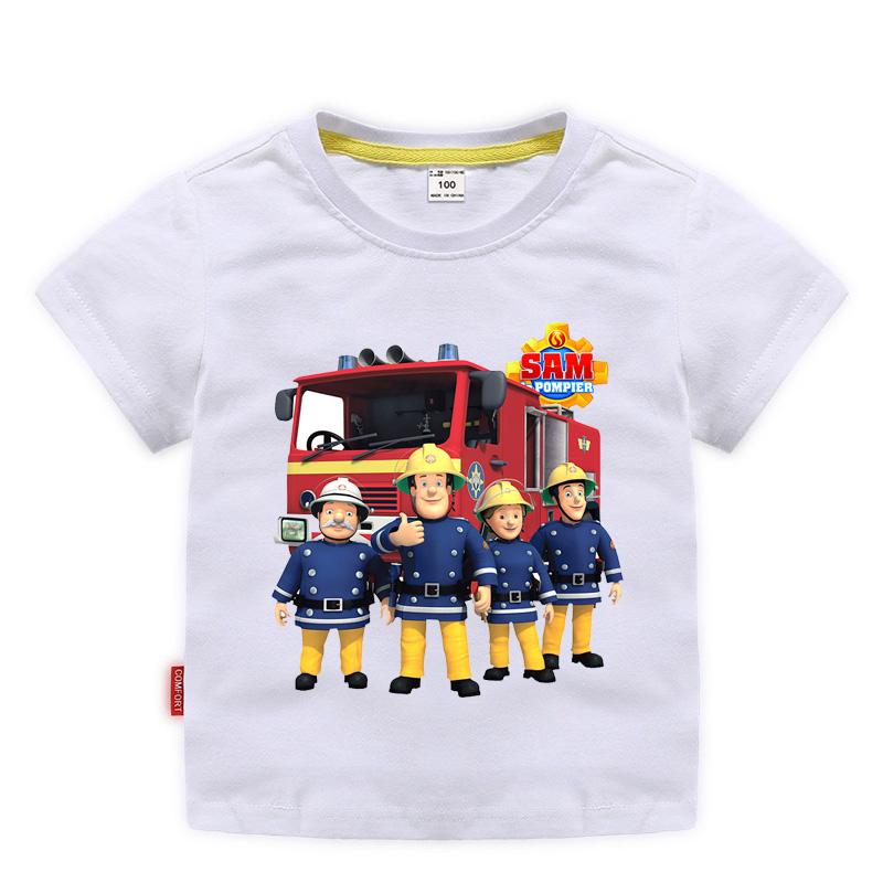 Children Cartoon Fireman Sam Print Cotton Tshirts for Boy Shirt Girl Short Sleeve Tee Top Clothes Kids Clothing Unisex 210Year