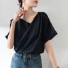 GMXIA Women's Short Sleeve Swing Neck T-Shirt Temperament Draped One Lapel Design Chiffon Blouse