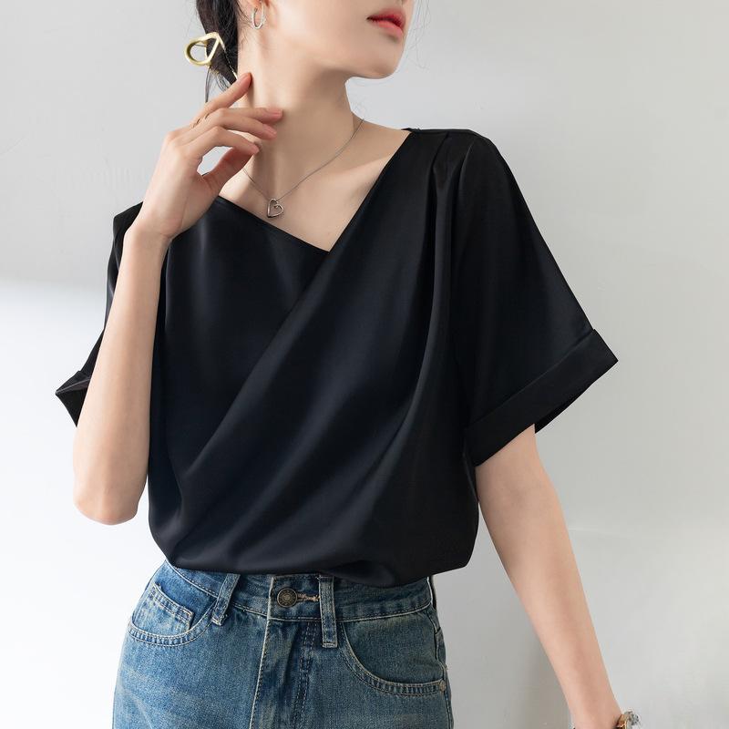 GMXIA Women's Short Sleeve Swing Neck T-Shirt Temperament Draped One Lapel Design Chiffon Blouse
