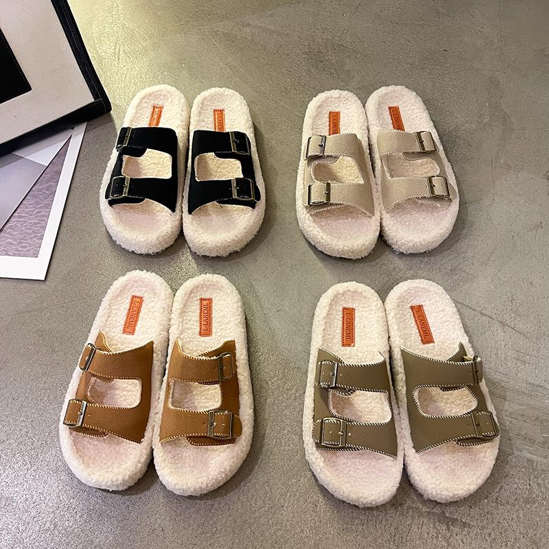 Fashion Women's Slippers Fur Plush Platform Wear Non-slip Slippers Casual Fashion Pin Buckle Roman Flip-flops Winter New Style