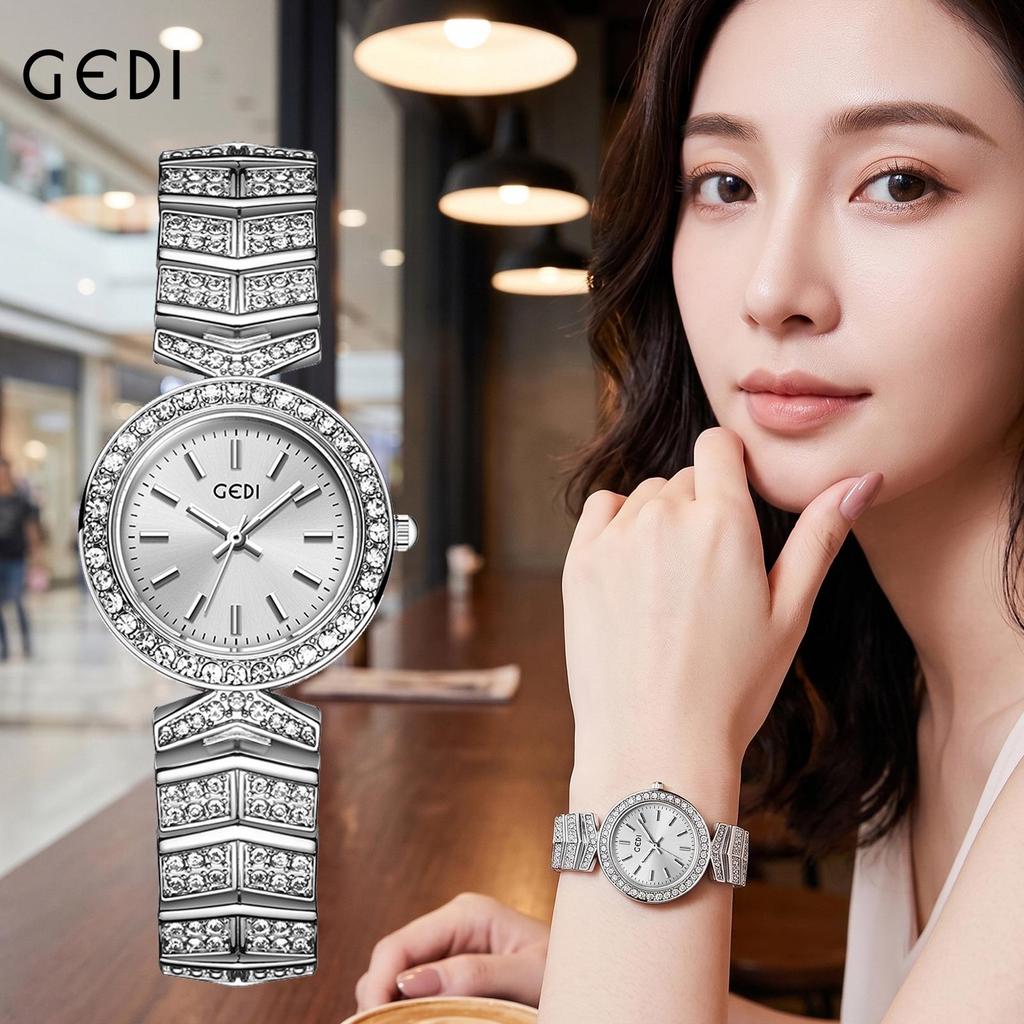 Gedi Women's Luxury Silver Quartz Watch - Waterproof, Versatile, and Elegant for Banquets and Daily Wear.