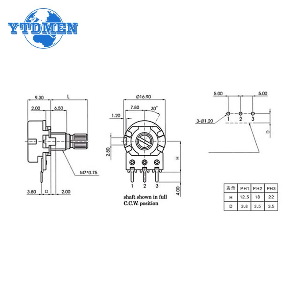 5PCS WH148 6Pin Rotary Potentiometer B1K B2K B5K B10K B20K B50K B100K B500K 20MM Shaft Amplifier Dual Stereo Potentiometers Kit