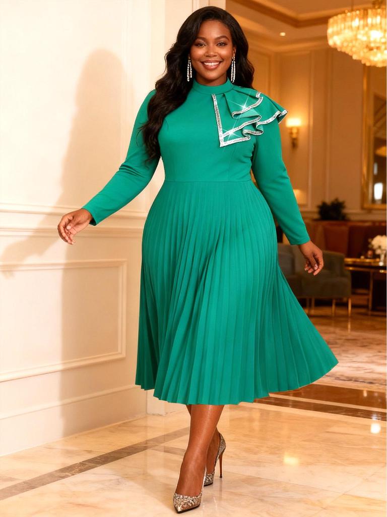 Women's Plus Size Ruffle Hem Long Sleeve Formal Gown with Stand Collar