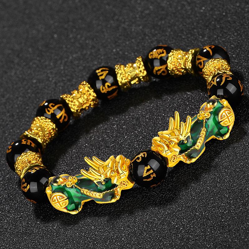 Vietnamese Sand Gold 3D Temperature-Sensitive Color-Changing Pixiu Bracelet, Obsidian Six-Character Mantra Buddha Bead Bracelet.