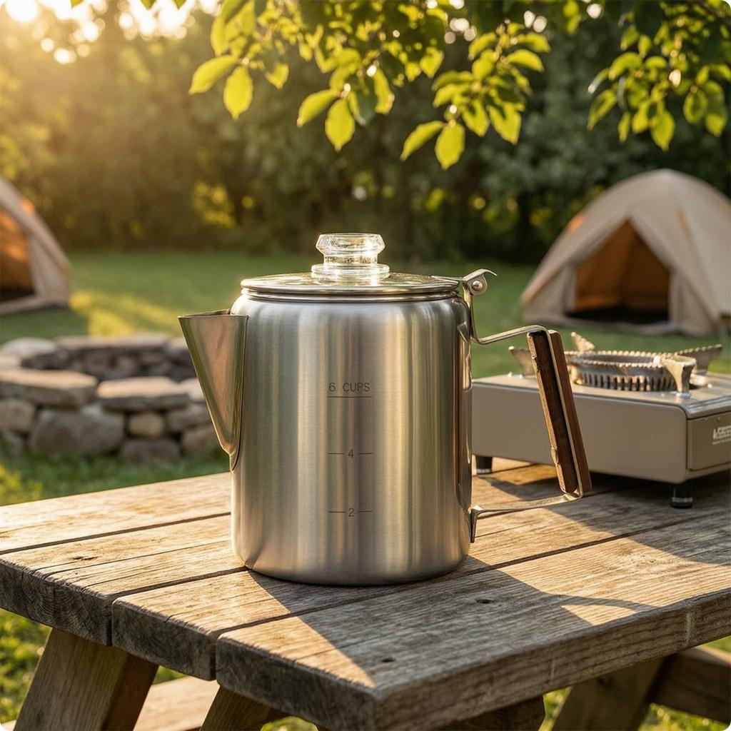 Coffee Pot with Wood-Look Handle Cordless Stainless Steel Coffee Pot Plastic-without Heavy Duty for Campers, Outdoor Cooking