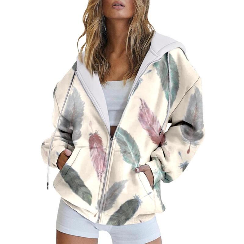 Womens Oversized Hooded Zip-Up Sweatshirt With 3D Digital Print Casual Loose Fit Winter