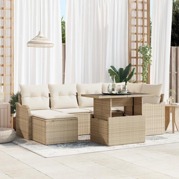 Ensemble de canapés de jardin 7 pièces vidaXL avec coussins en rattan poly beige 3357234