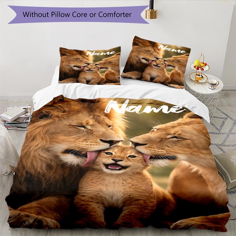 3pcs Custom Name Lion Bedding Set Duvet Cover Closure Includes 1 Duvet Cover & 2 Pillowcases, Soft and Comfortable for All Seasons.