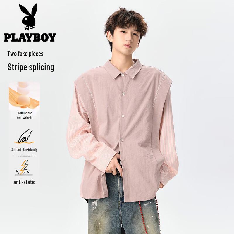 

PLAYBOY Мужская рубашка с длинным рукавом, имитация двойки, пэчворк M