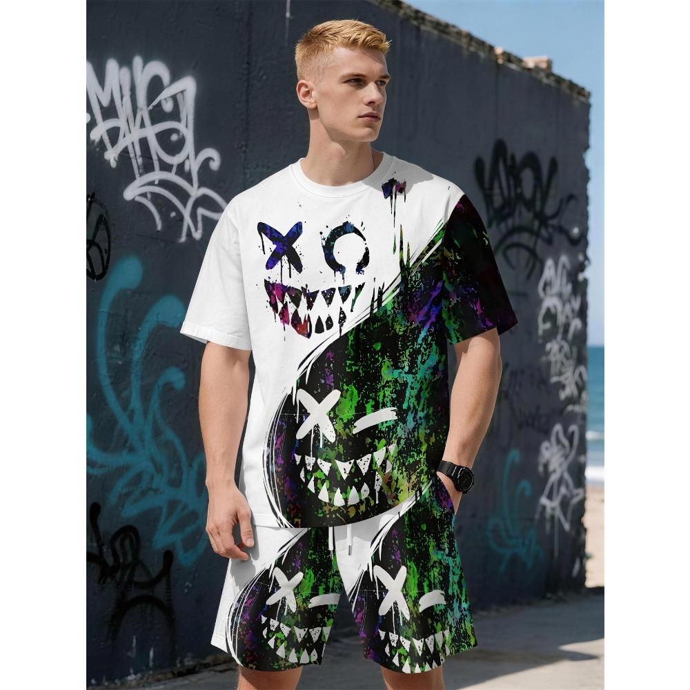 American Summer men's Personalized Graffiti Print Comfortable Breathable Round Neck T-shirt Shorts Set Outdoor Casual Wear