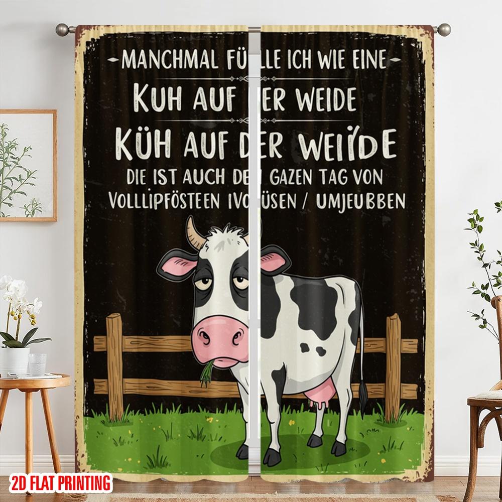 2 Stück 2D Flachdruck Fenstergardinen Lustige Kuh Zaun Weide Stoff Ohne Strom Festliche Vorhänge Perfekt für Allgemein