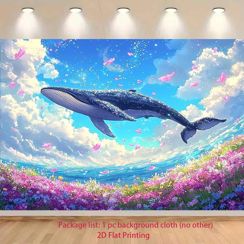 2D Flat Whale Flying in the Sky Banner with Floral Field for Aesthetic Studio Background 47.2x31.5inch/120*80cm