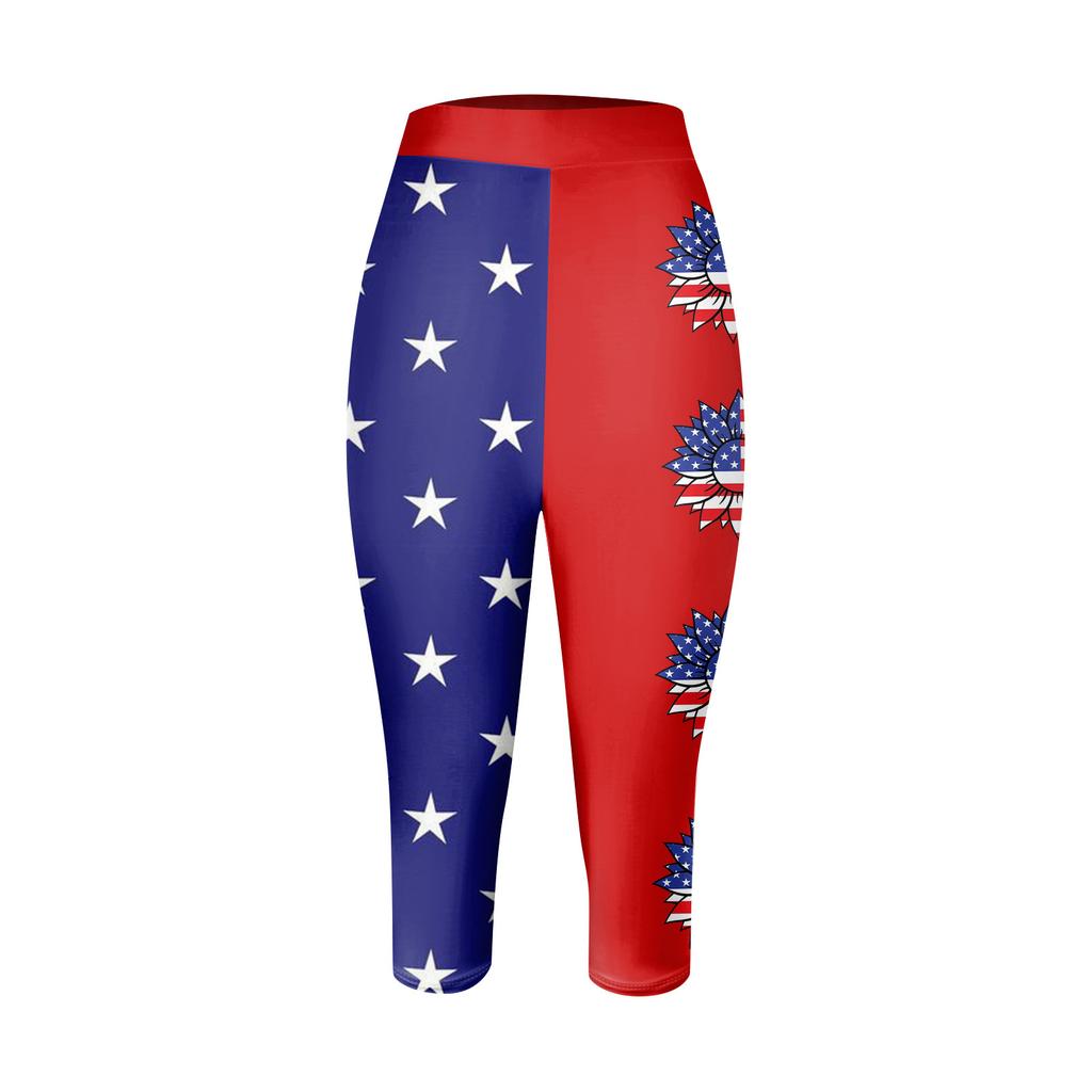 Women's Fashion Casual Outer Bottoming Trousers Independence Day Print Seventh Trousers