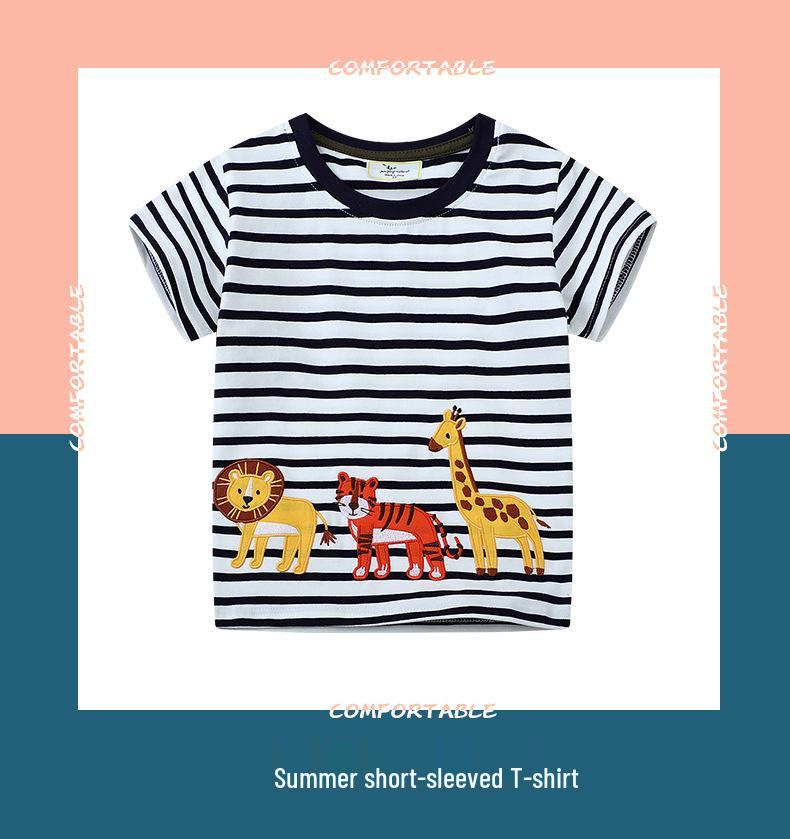 Boys' Cartoon Striped Cotton Short-Sleeve T-Shirt - Stylish & Versatile Summer Wear