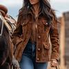 2025 Damen Braun Retro Wildleder Mehrere Taschen Revers Kurze Jacke