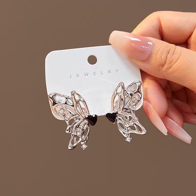 Black Zircon Hollow Butterfly Asymmetric Personality Creative Stud Earrings Fashion Metal Sweet Cool Temperament Stud Earrings