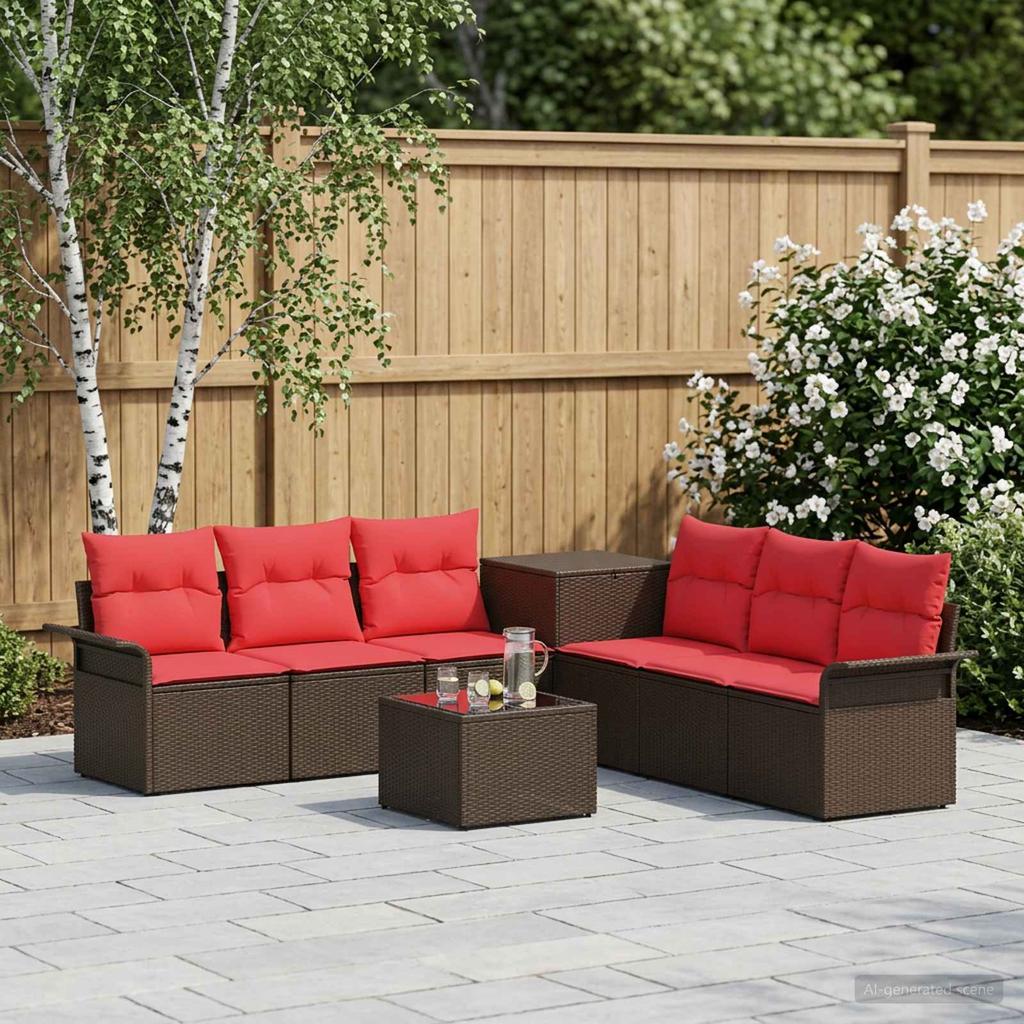 Sofa Set 8 Pieces Brown and Red Poly Rattan and Steel