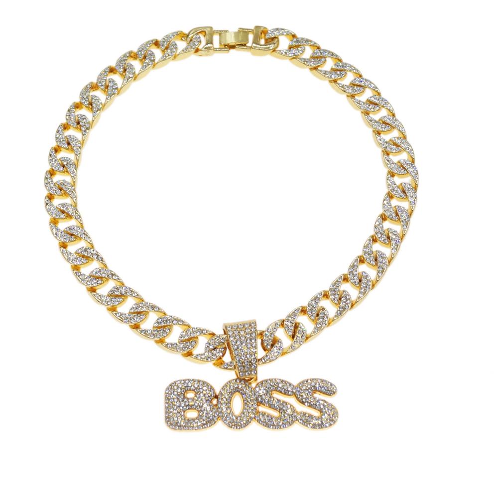 Zhuerrui Hop Bling BOSS Letter Pendant Necklace Full Iced Out CZ Diamond Cuban Link Chain for Men Rapper Jewelry Gift B2400310