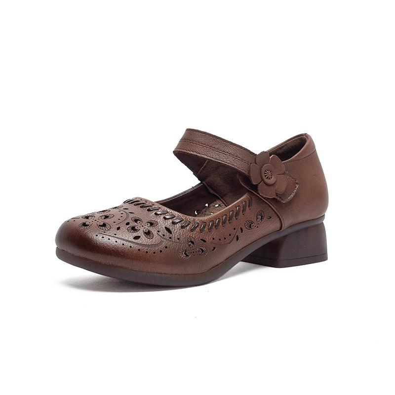 2026 Summer New Retro Elegant Small Heel Hollow Out Ventilated First Layer Cowhide Magic Clip Women Shoes