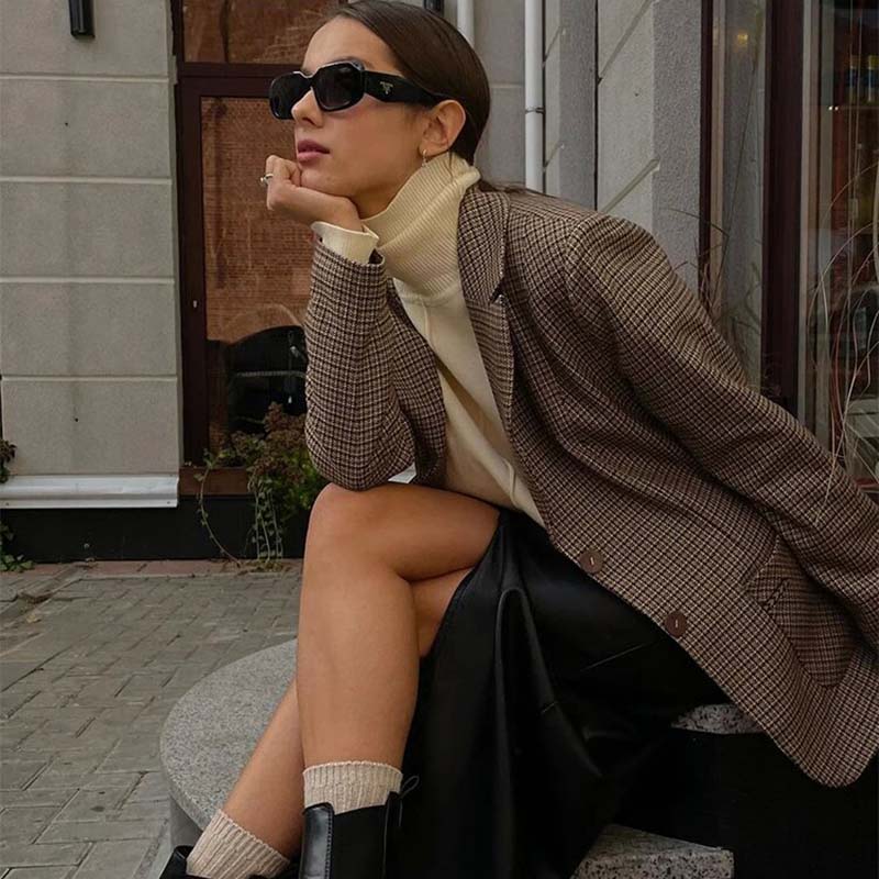 Retro Vlněné Kostkované Sako Kabáty Dámské Klopa Jednořadé Blejzry Podzimní Jednoduché Elegantní Streetové Svrchní Oblečení