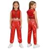 Kinder Mädchen Hip-Hop Jazz Tanzkostüm Ärmellos Rückenfrei Reißverschluss vorne Funkelnde Pailletten Kapuze Crop Top mit elastischem Bund Metallische Hose
