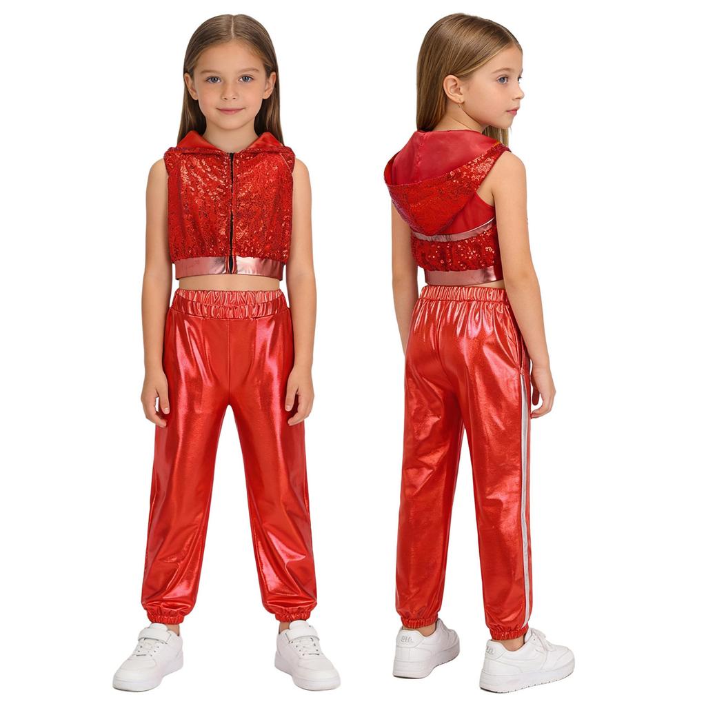 Kinder Mädchen Hip-Hop Jazz Tanzkostüm Ärmellos Rückenfrei Reißverschluss vorne Funkelnde Pailletten Kapuze Crop Top mit elastischem Bund Metallische Hose