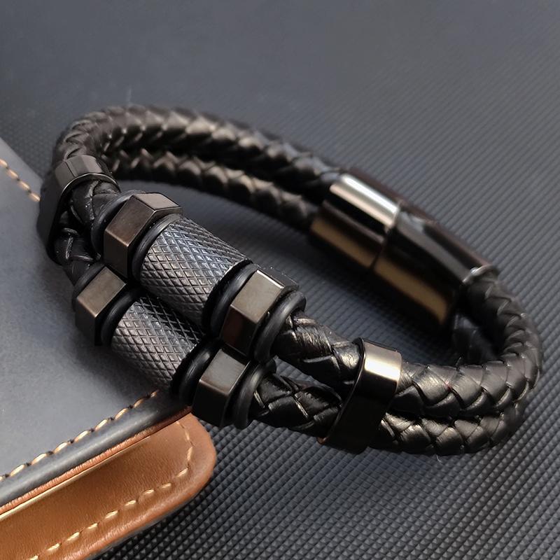 Fashion Luxury Stainless Steel Beaded Hexagon Bracelet Men's Jewelry Classic Multilayer Braided Leather Bracelet Homme Men Gift