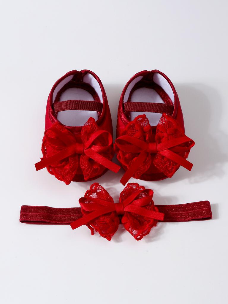 Elegant Lace Pearl Tulle Bow Baby Crib Shoes Matching Stretch Headband Set, Non-Slip Flexible Sole Toddler First Walkers Princess Outfit Accessory