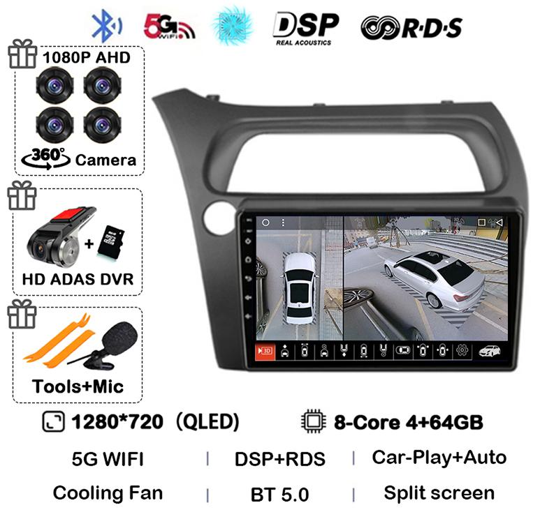 Android 14 WIFI+4G Carplay Car Radio For Honda Civic Hatchback 2006 2007 2008 2009 2010 2011 Multimidia Video Player GPS Stereo