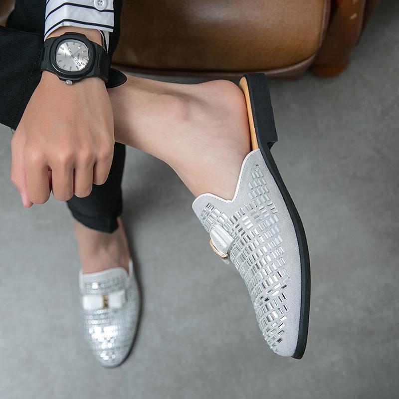 Luxury Designer Men's Rhinestone Bowtie Sandals Half Sequin Shoes For Men Mules Casual Shoes Penny Loafter Loafers Slippers
