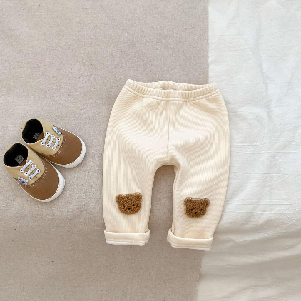 Autumn Winter Baby Fleece Lined Bear Butt Pants Elastic Warm Casual Leggings For Infants Toddlers