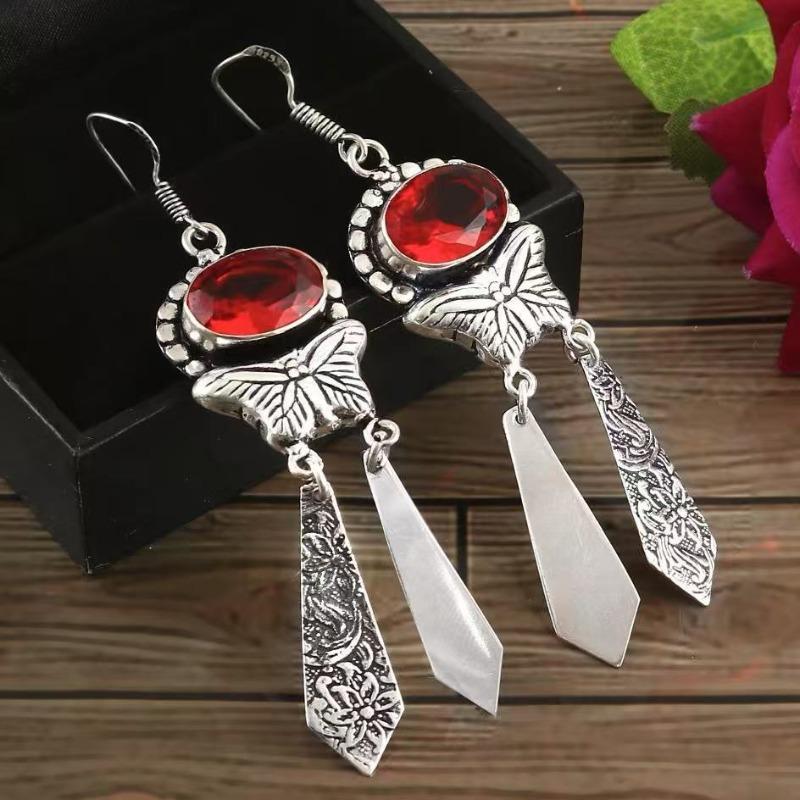 

Huajie Ancient Silver Butterfly Carved Floral Tassel Pendant Earrings for Women Vintage Red Zircon Elegant Fashion Trend срібний
