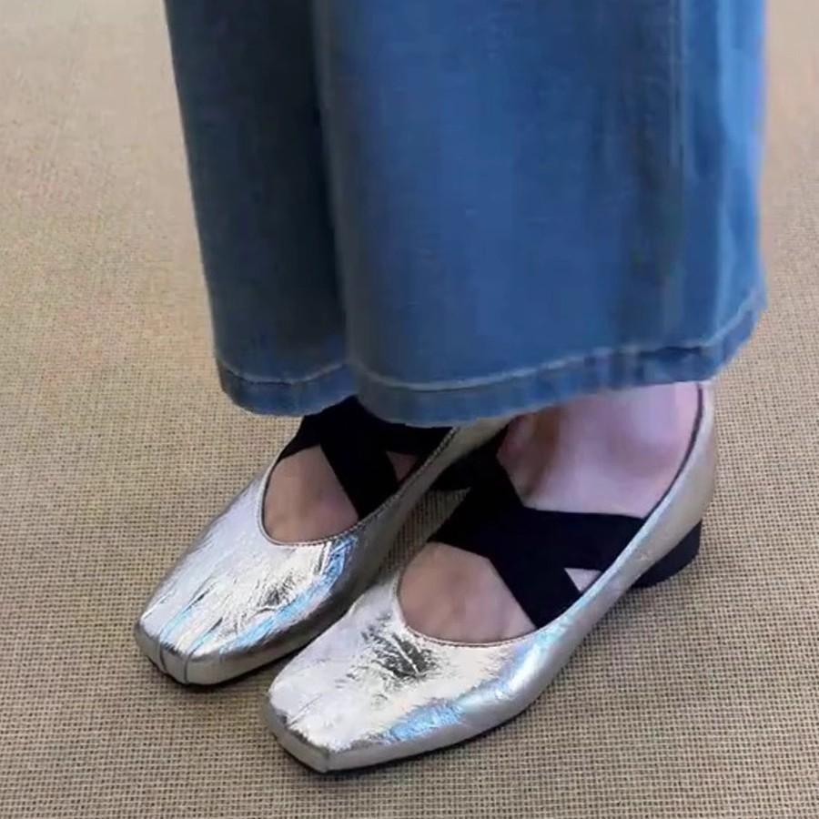 Sheepskin version~ Square head retro handmade ballet single shoes women's cross strap thick heel ballet shoes Mary Jane single shoes