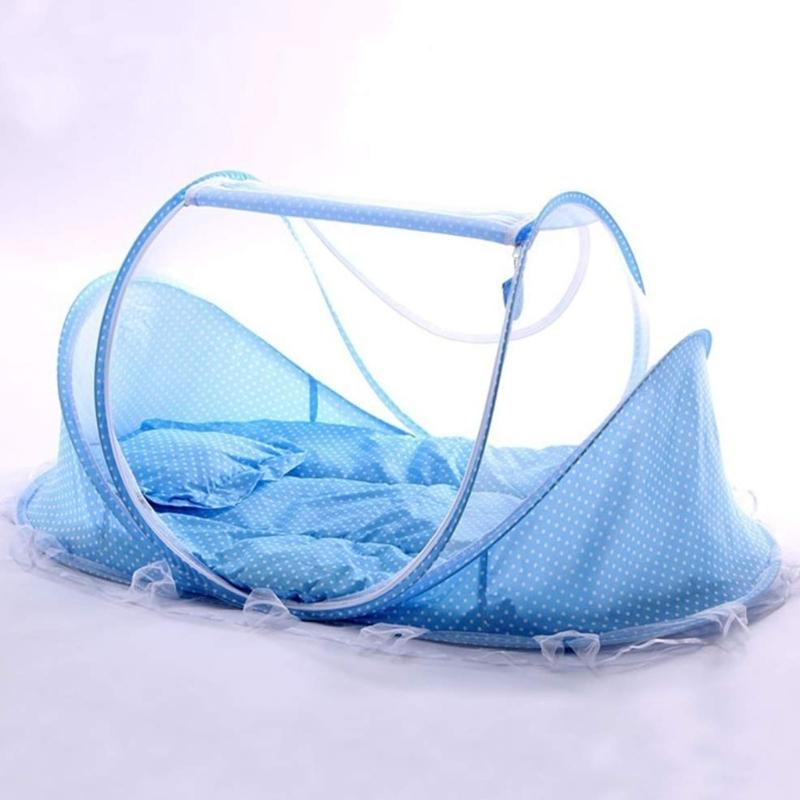 Breathable Fly Proof Baby Bed Net Foldable Compact with 3cm Sleeping Pad and Cotton Pillow for Newborns Safety