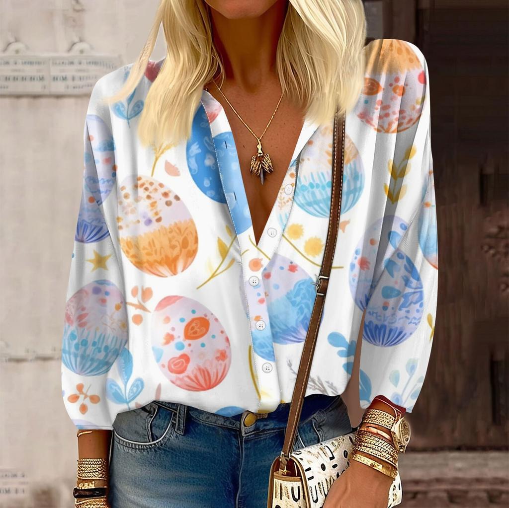 Women's Shirt Button Casual Easter Print Fashion Round Neck Drop Shoulder Seven Sleeve Shirt Top