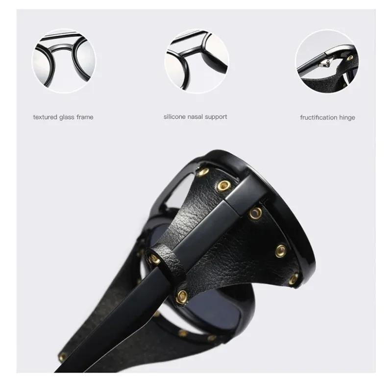 Vintage Retro Sunglasses with Side Leather Round Eyewears for Mens Womens Cyber Punk Glasses UV400