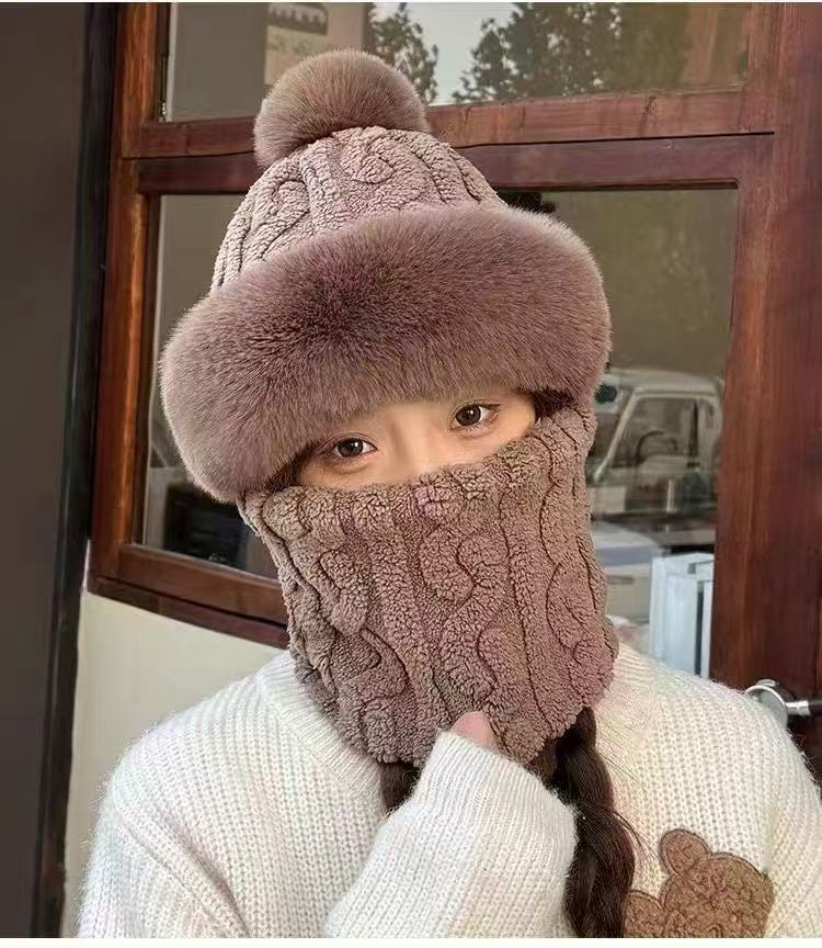 Winter Hat Scarf Integrated Women's New Style with Thick Velvet and Warm Cover for Cycling Windproof and Ear Protection Woolen Hat for Women