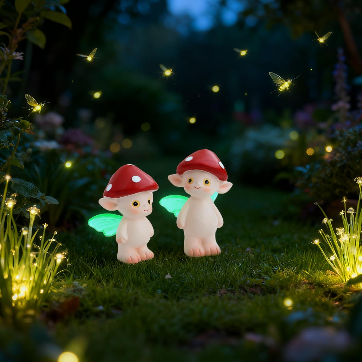 2 colorful mushroom sprites, fluorescent wings, garden bonsai sculptures, carefully prepared gifts